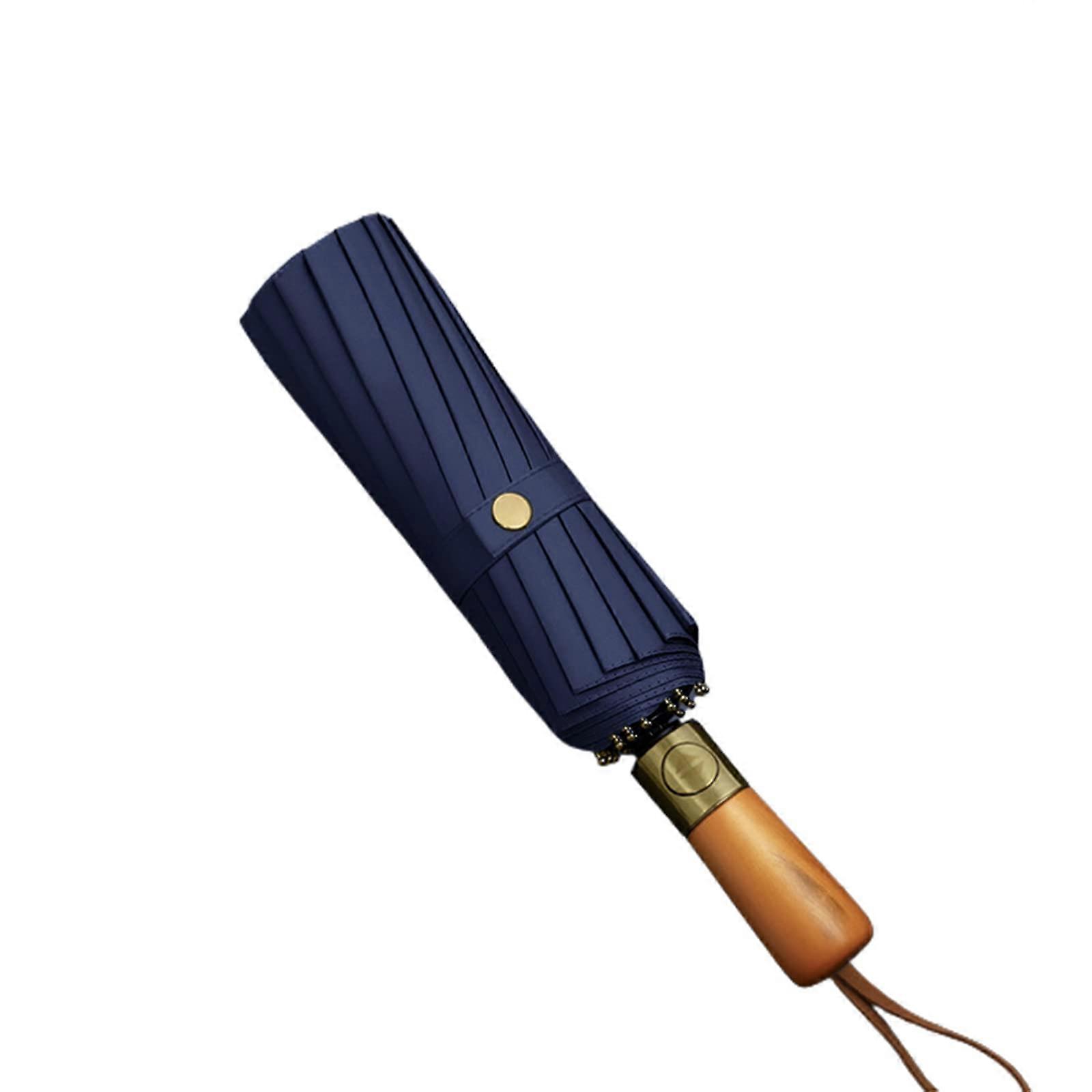 Compact Travel Umbrella with Wooden Handle, Automatic Folding, 16Rib UPF 50 Windproof Gray