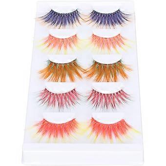 Valse wimpers met kleur, 5 paren 6D lange gekrulde wimpers, gradiënt oranje rood blauw dik sy