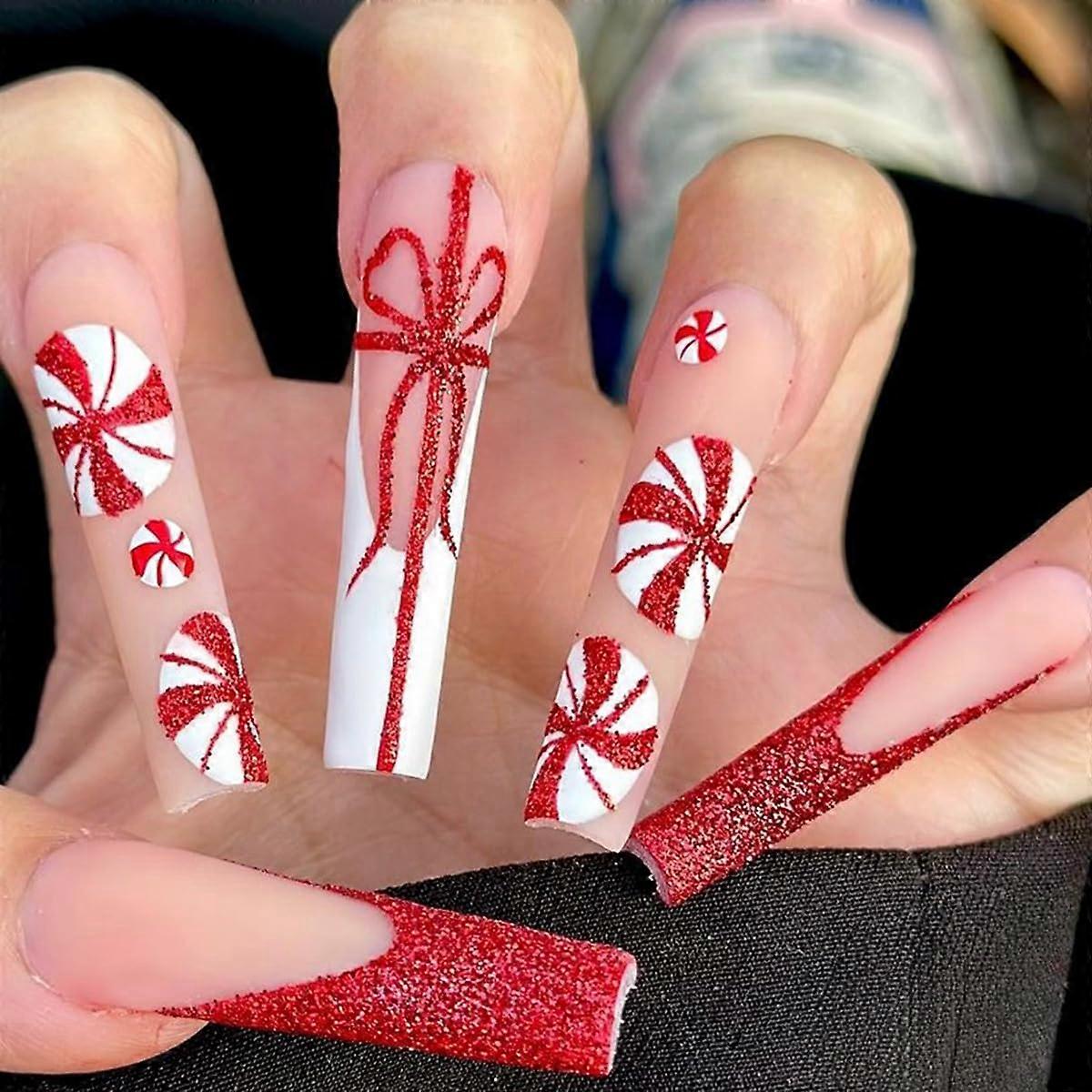 24Pcs Christmas Coffin Press On Nails with Red Bow Glitter Candy Design Reusable Full Cover