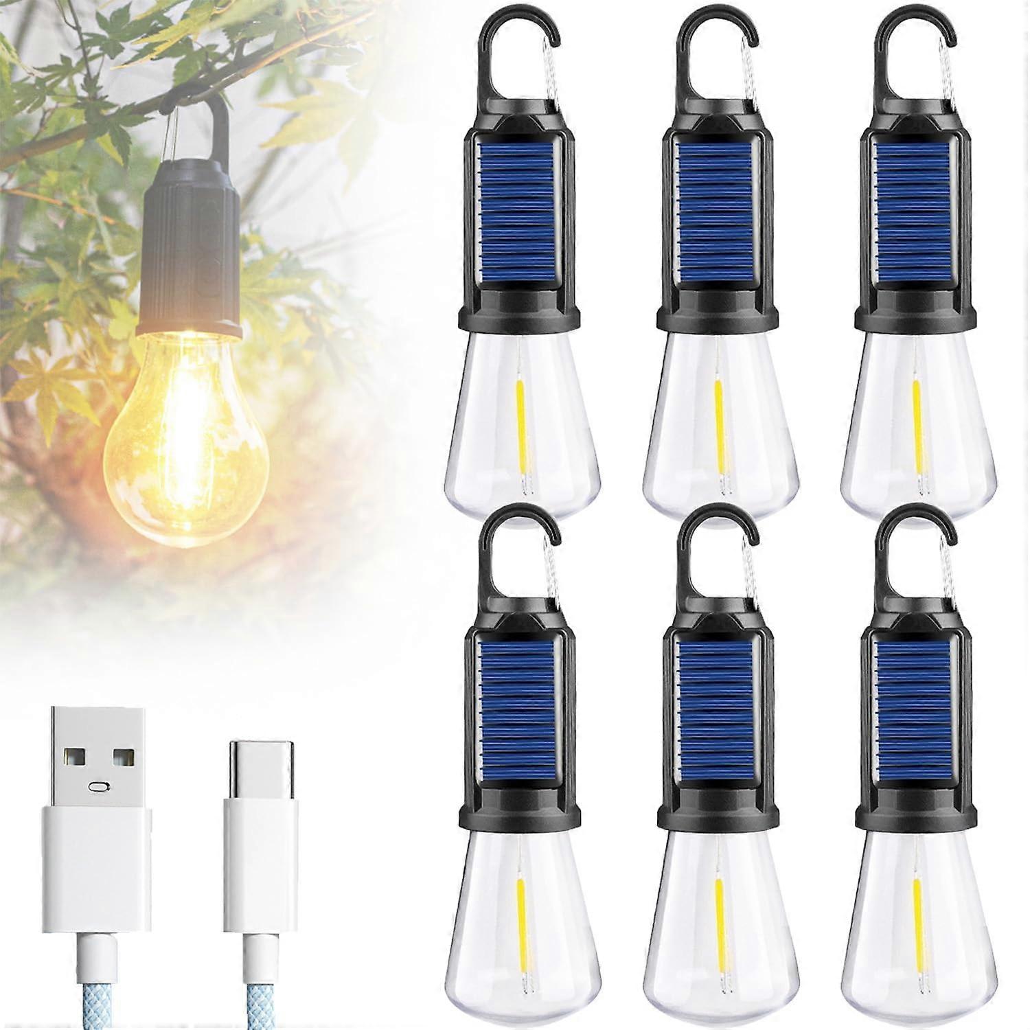 Solar Camping Light with Hook, Waterproof Rechargeable LED Lantern, 3 Modes, Dual Charging, Flat Bottom, 6