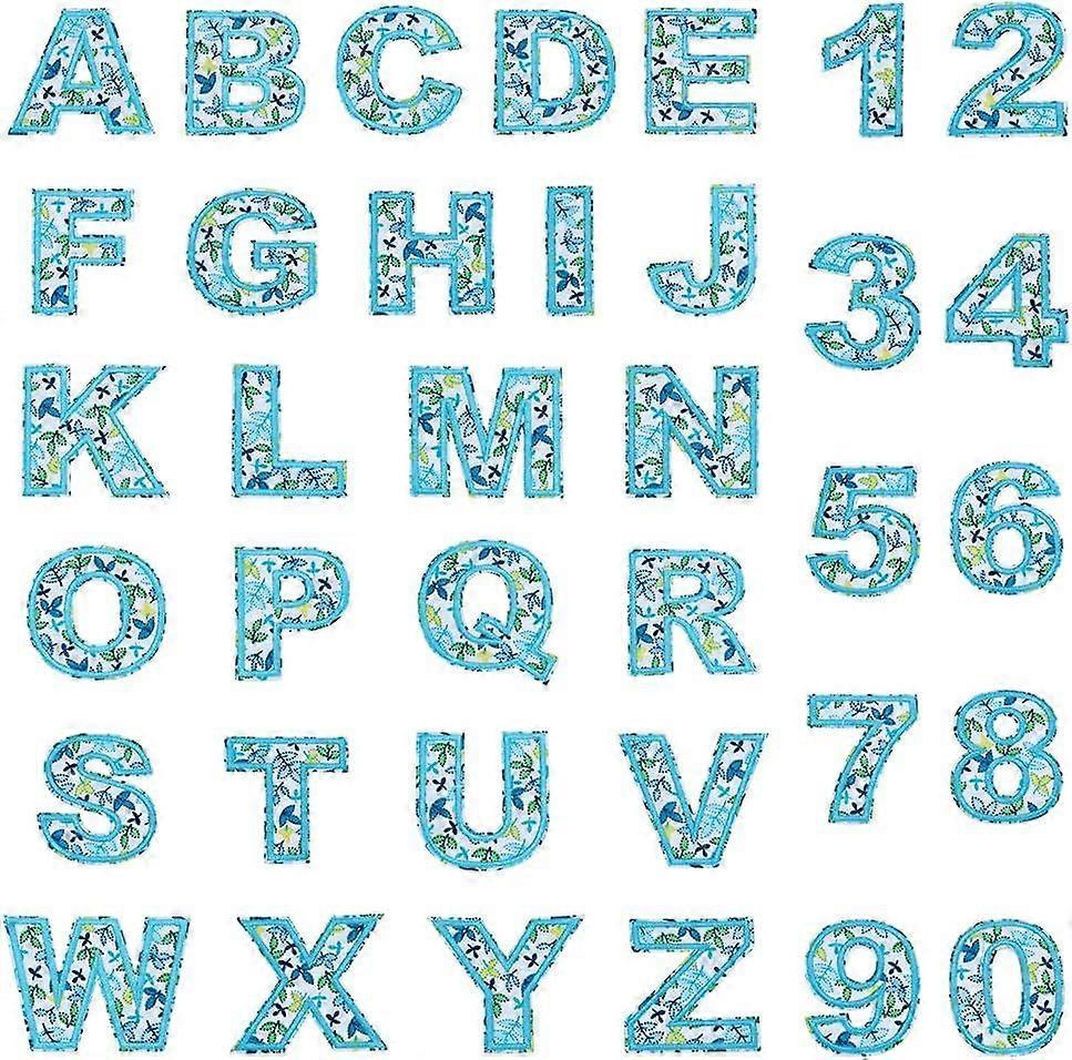 36Pcs Embroidery Iron on Cloth Patches 26Pcs A-Z Alphabet Applique 10Pcs Leaf 0-9 Number Applique Light Sky Blue Leaf Letters Patches Cute Fabric Lett