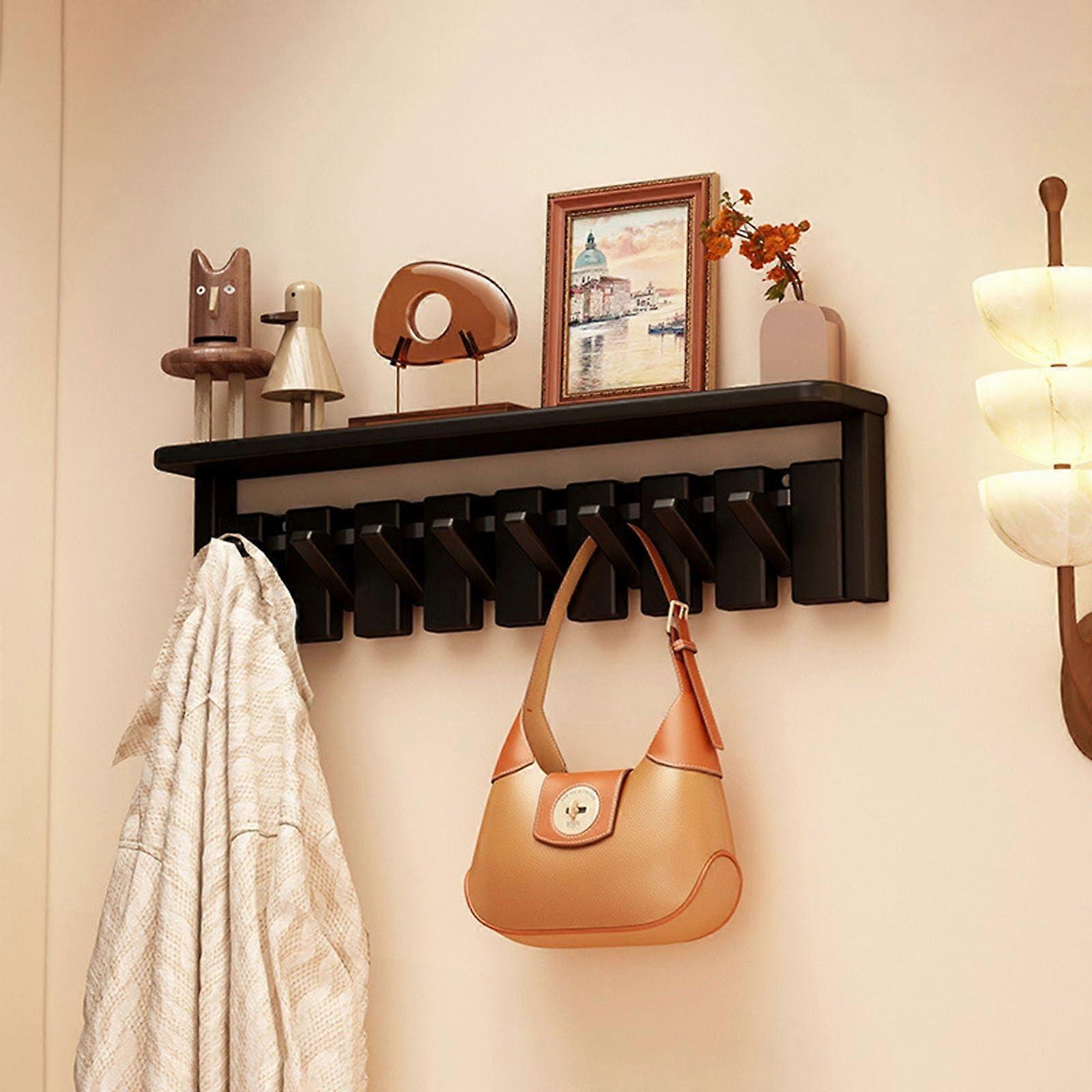 Wall Mounted Coat Rack Solid Wood with Shelf SpaceSaving Flip Hooks Entryway Black 8 Hooks