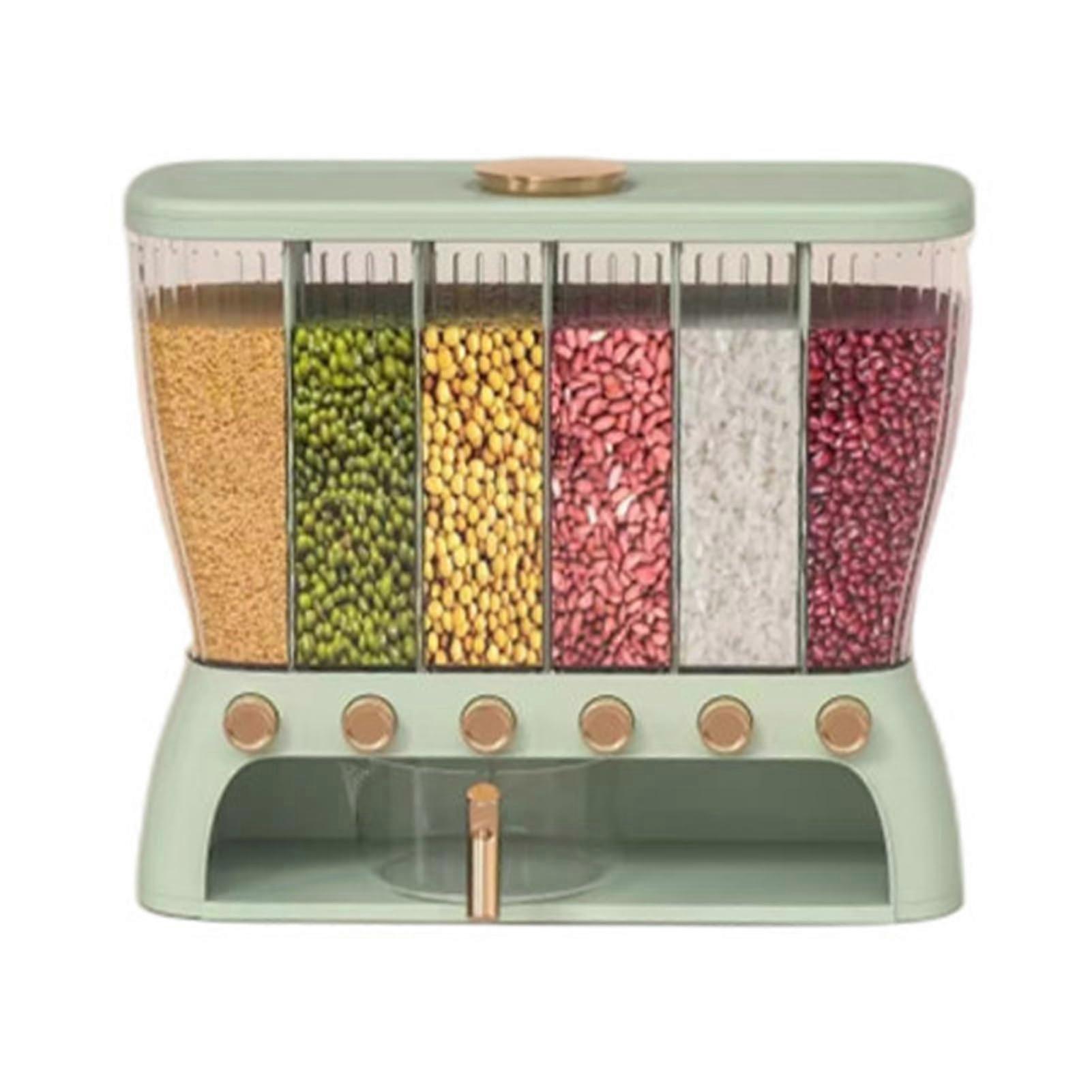 Large Capacity Cereal Dispenser 6Grid Dry Food Storage Container with OneClick Rice Dispensing, Transparent 20kg Green