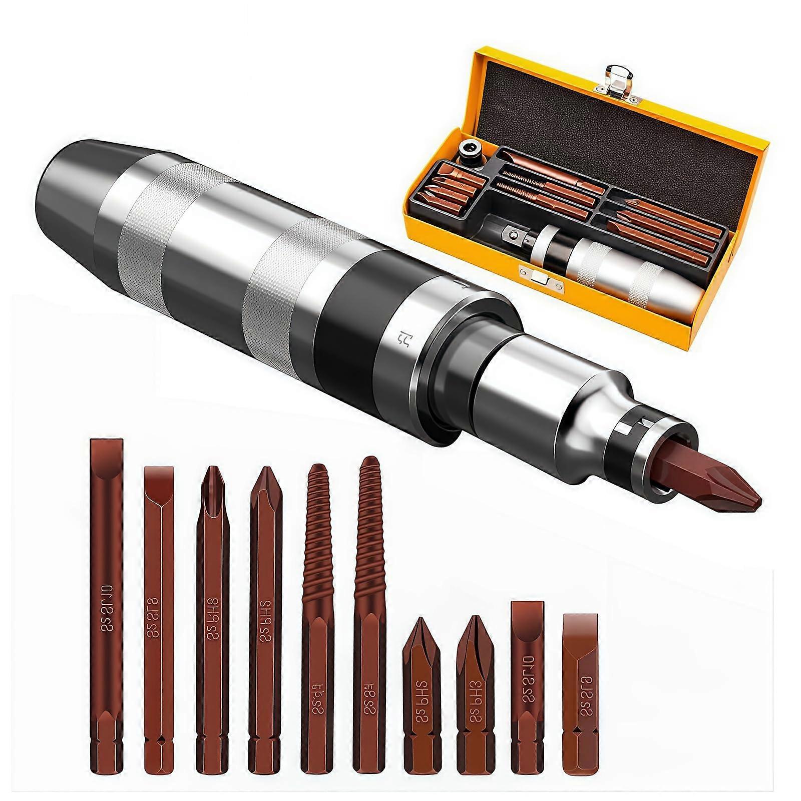 12 PCS Impact Screwdriver Set with S2 Steel Bits, Heavy Duty Manual Driver for Rusted Screws