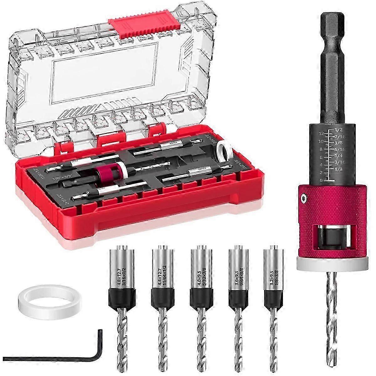 Countersink Drill Bit Set with Adjustable Depth Stop, 1/4" Hex Shank Quick Change Drilling Tool Kit