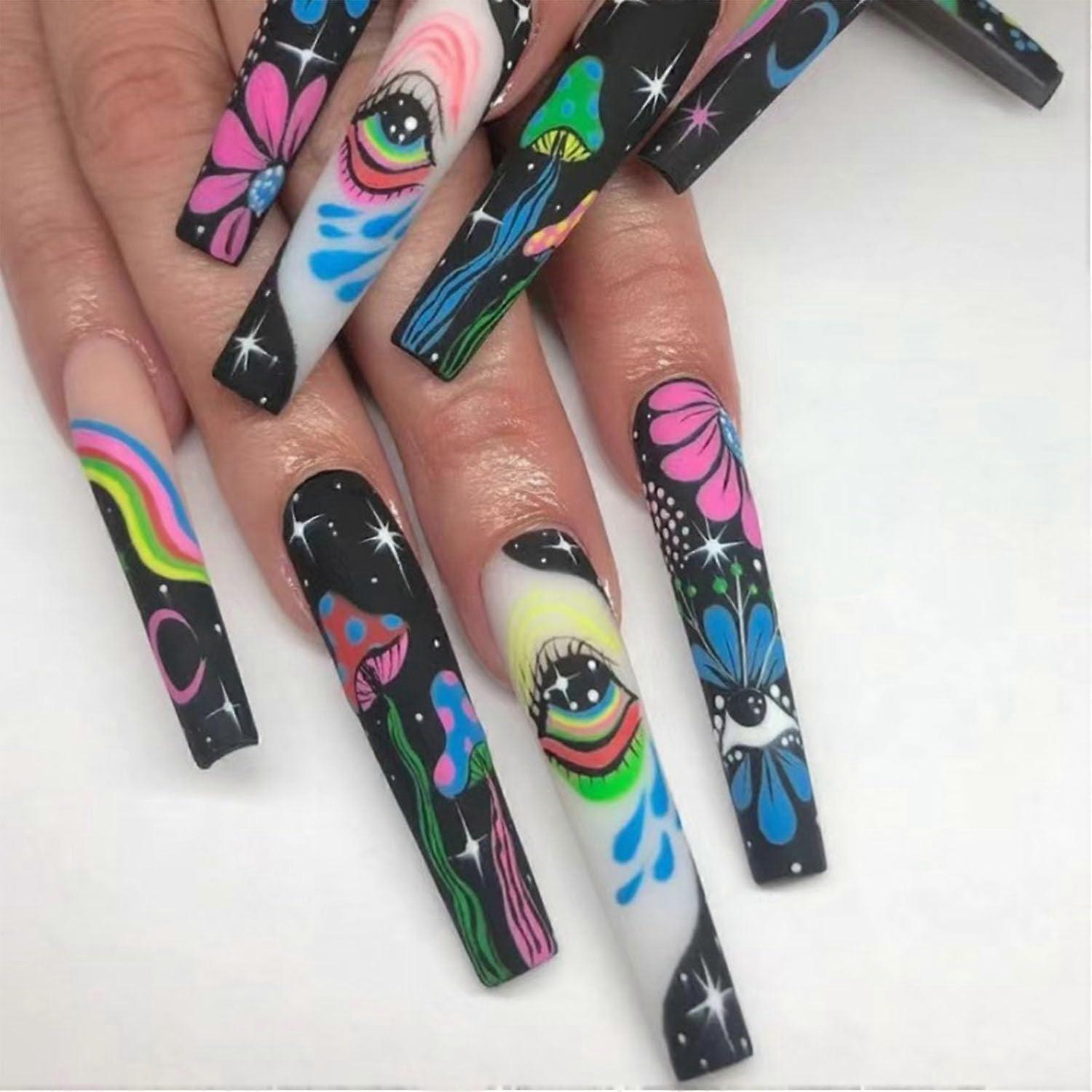 Extra Long Coffin Press on Nails Graffiti Flower Rainbow Design 24pcs Reusable Manicure Set