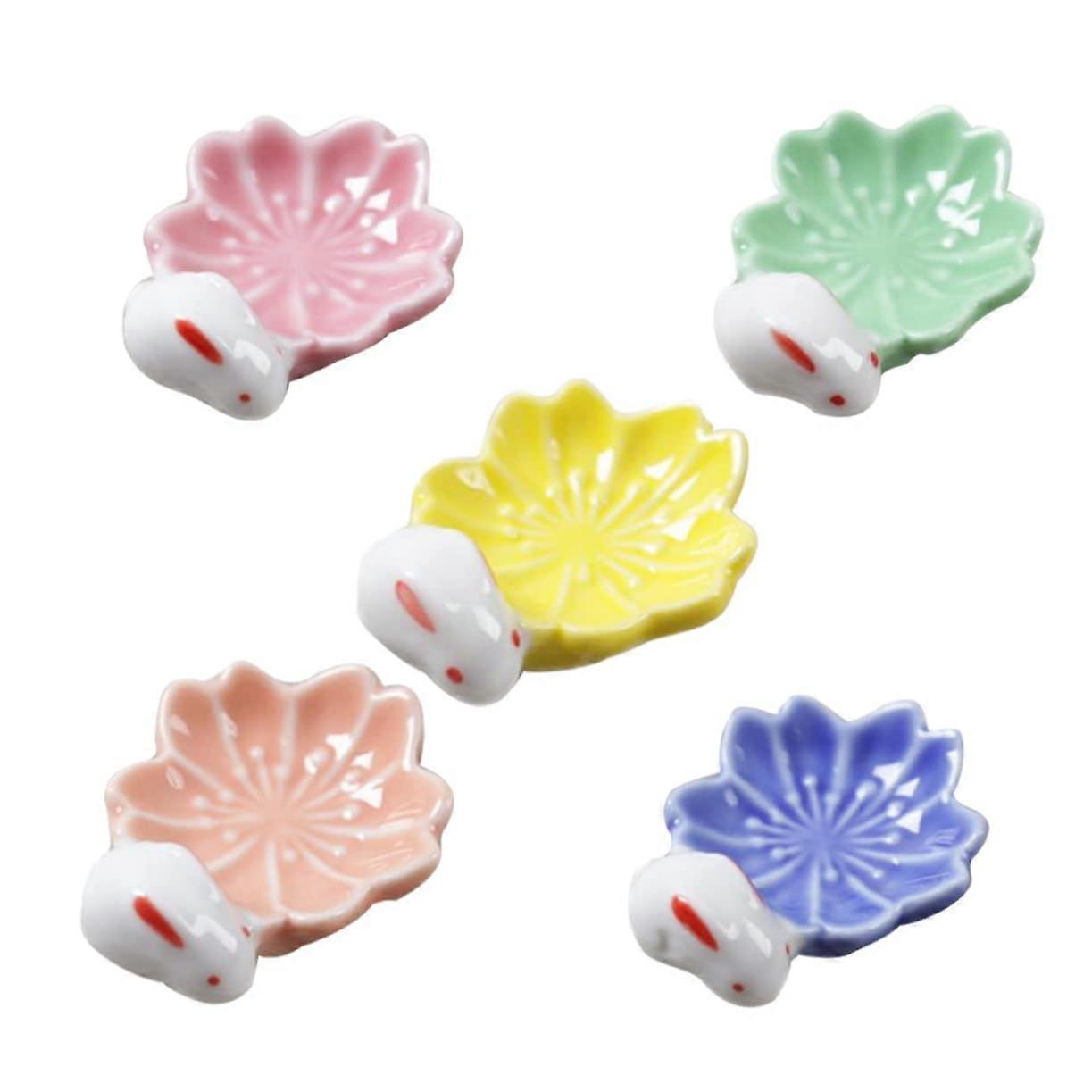 5Pcs Japanese Style Ceramic Chopstick Rest Rabbit Shape Cherry Blossom Holder for Elegant Table Setting