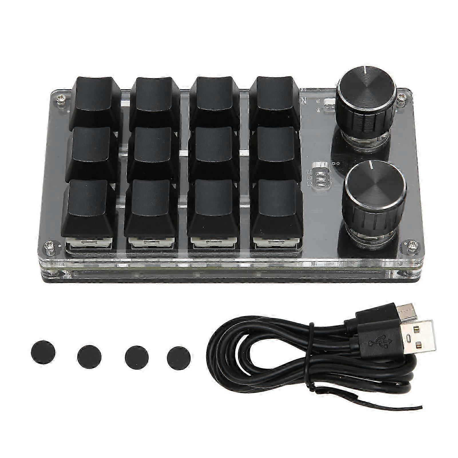 Mini Keypad 12 Keys 2 Knobs USB Or BT Connection Blue Switch Plug and Play Programmable Keypad for Gaming Office Media Black