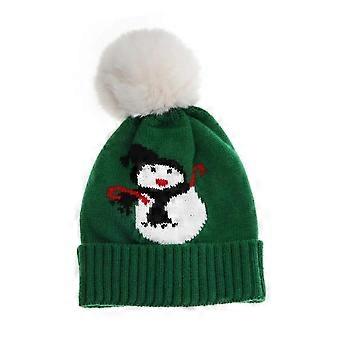 Gorro de Natal Infantil Tricotado com Estampa de Boneco de Neve Verde e Vermelho em Lã, Quentinho e Quente para o Inverno, Tamanhos 2-7 Anos
