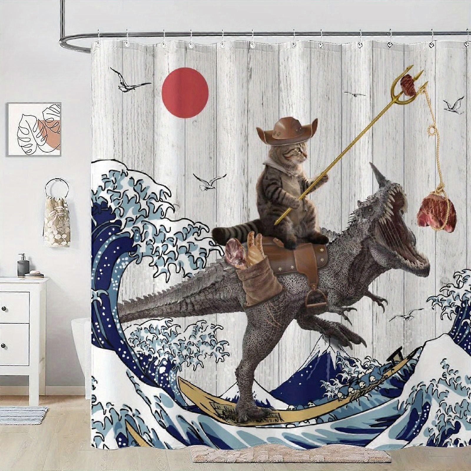 Funny Cat Riding Dinosaur Polyester Shower Curtain