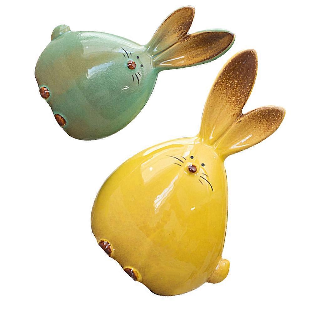 2pcs Rabbit Ornaments Desktop Decorative Animals Ornament Ceramic Rabbit Statue
