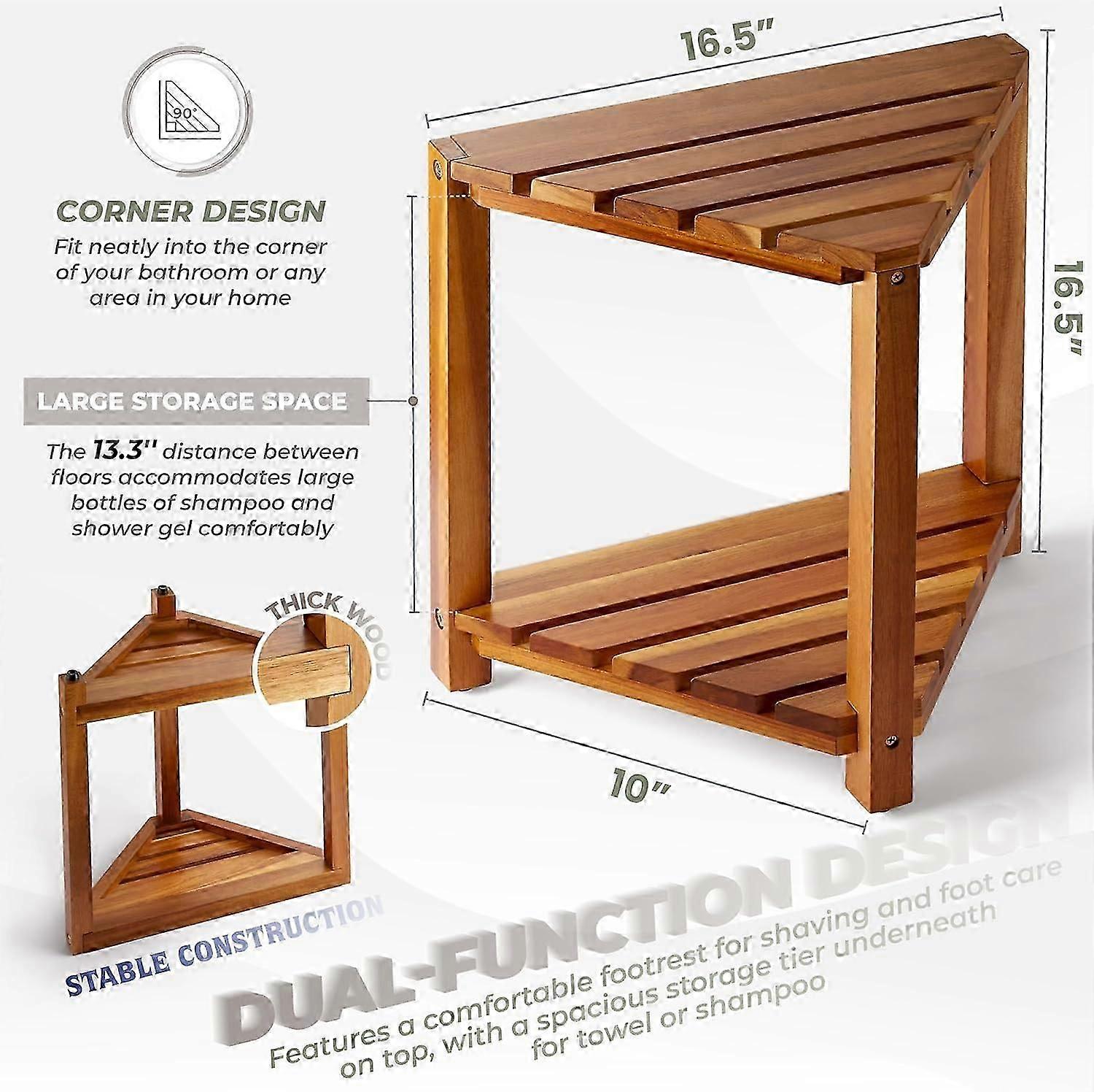 Wooden bathroom corner bench with storage rack