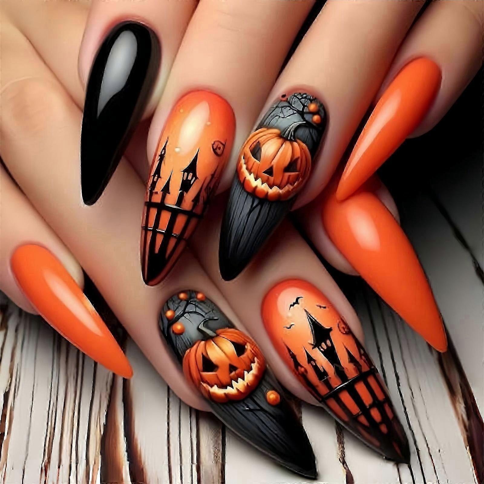 Multicolor Almond Ghost Pumpkin Nails