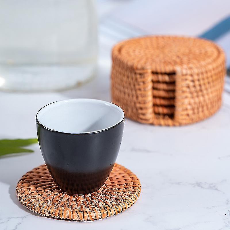 Rattan Coasters With Holder Storage Box Handmade Tea Cup Round Edge Coasters For Kitchen Table