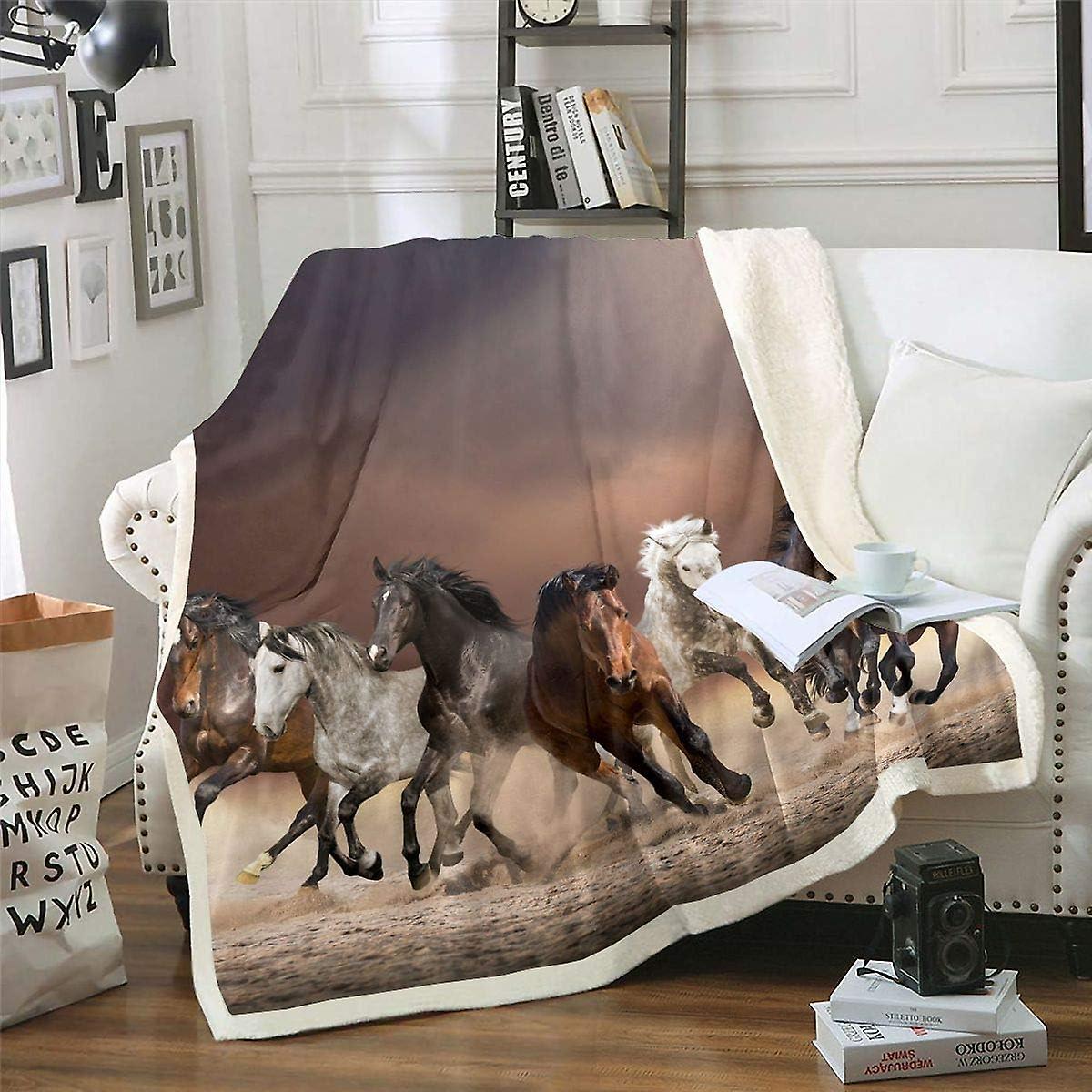 بطانية الصوف الحصان D البرية طباعة بطانية أفخم لسرير أريكة الخيول الراكض نمط شيربا رمي بطانية الحياة البرية الفرس ضبابي بطانية واحدة