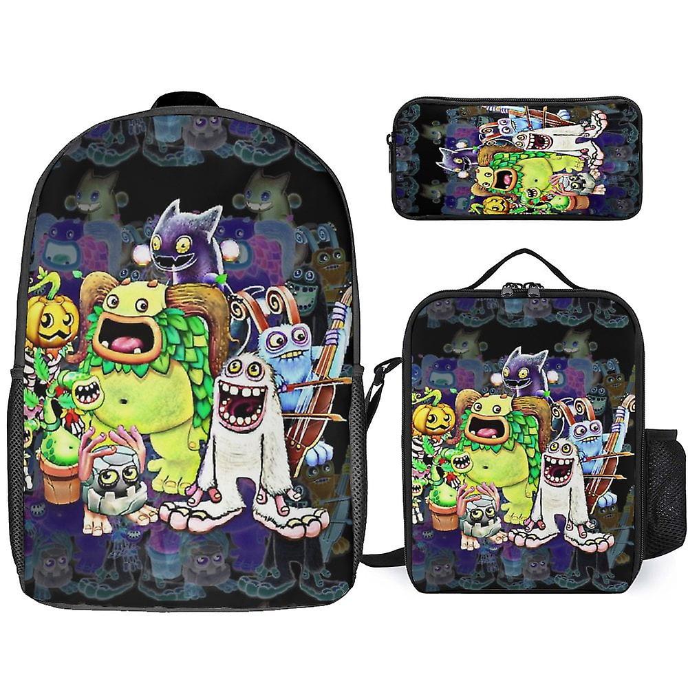 مجموعة حقيبة ظهر كرتون My Singing Monster مقاس 17 بوصة كاجوال مع صندوق غداء وقلم رصاص