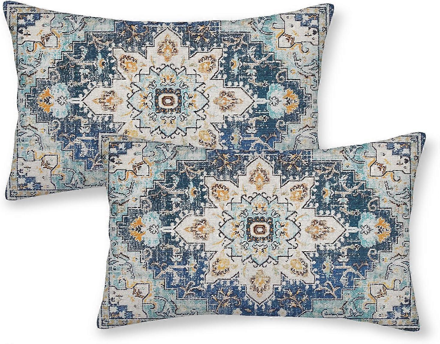 自由奔放に生きる枕カバー12x20インチ2個セット、カーペットパターンスロー枕ケース、青黄色エスニックデザイン屋外装飾正方形リネン農家の装飾Cus