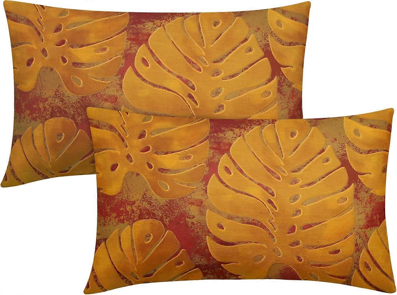 Sarı Yaprak Bel Yastık Kılıfları 12X20 İnç Yaz Tropikal Monstera Yaprakları Bitki Dekoratif Yastık Kılıfları 2'li Set Botanik Atma Yastıkları Modern Ev