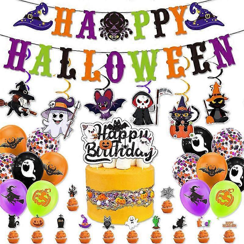 Colorful Halloween Happy Birthday Banner And Halloween Pattern Pennant Banner Halloween Birthday Paper Bunting Banner With Pumpkin Ghost Bat Witch Hat