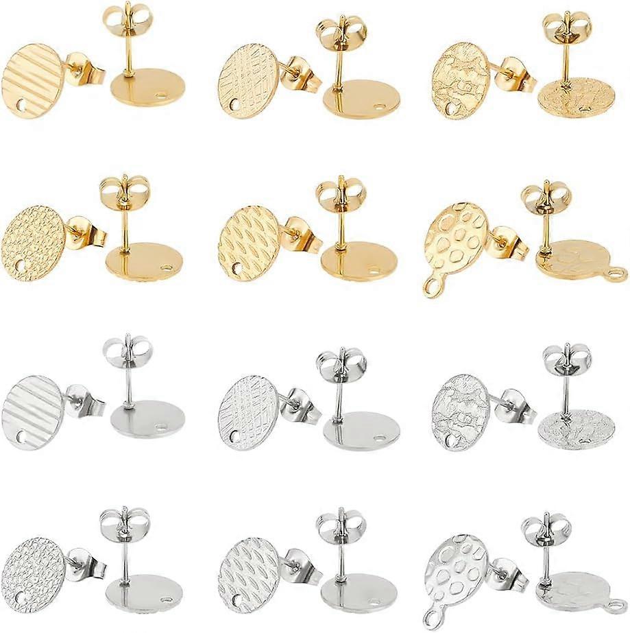 24Pcs 304 Stainless Steel Stud Earring Findings with Earring Backs Hypoallergenic Post Earring Textured Flat Round Earring Stud