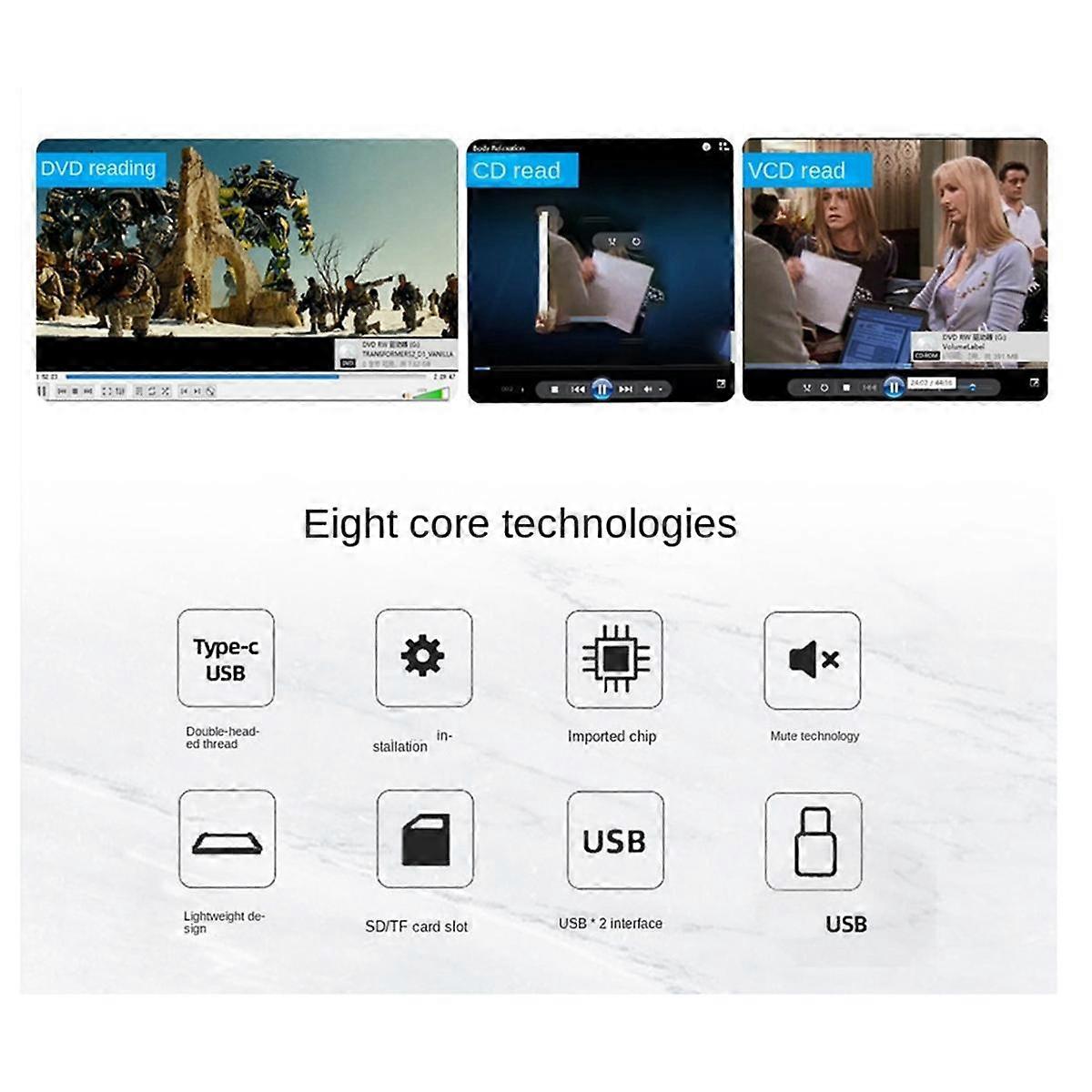 External Mobile Optical Drive for Desktop and Notebook Universal USB/Type-C/SD/TF Card Reading and Burning