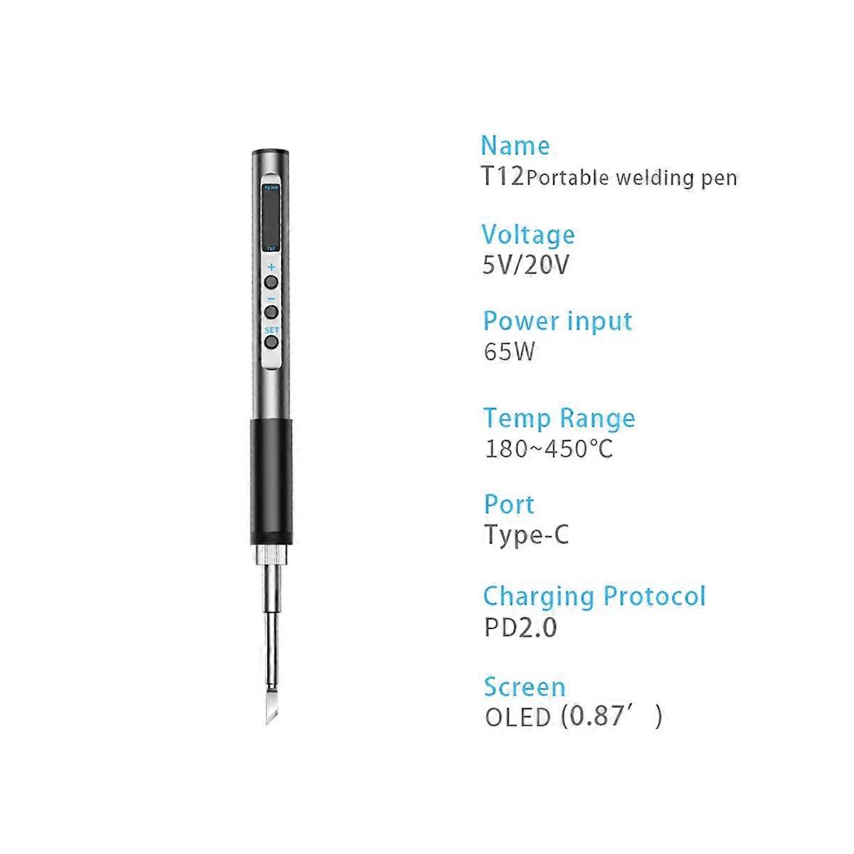 PTS100 T12 5-20V PD65W Portable Electric Soldering Iron Metal Body Temperature Adjustable Solder We