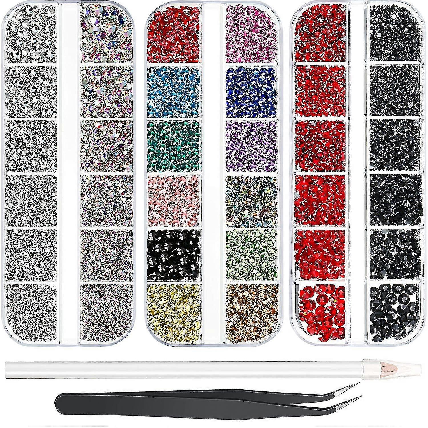 9000 Pieces Hotfix Rhinestone Clear Ab Black And Red Flat Back Crystal 6 Sizes 12 Colors Of Rhinestone Glass Stones, Storage Box With Tweezers And Diy