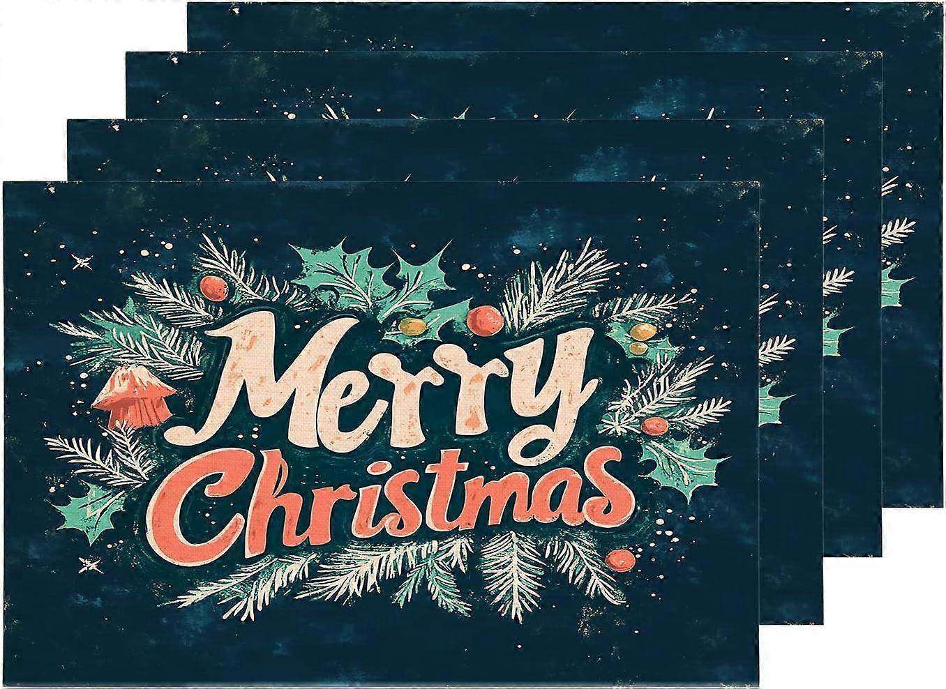 Christmas Text Vintage Placemats, Red Green Leaves Fruits Navy Table Mat Linen Burlap Washable Double-Deck Heat Insulation for Dining Table Kitchen Ta