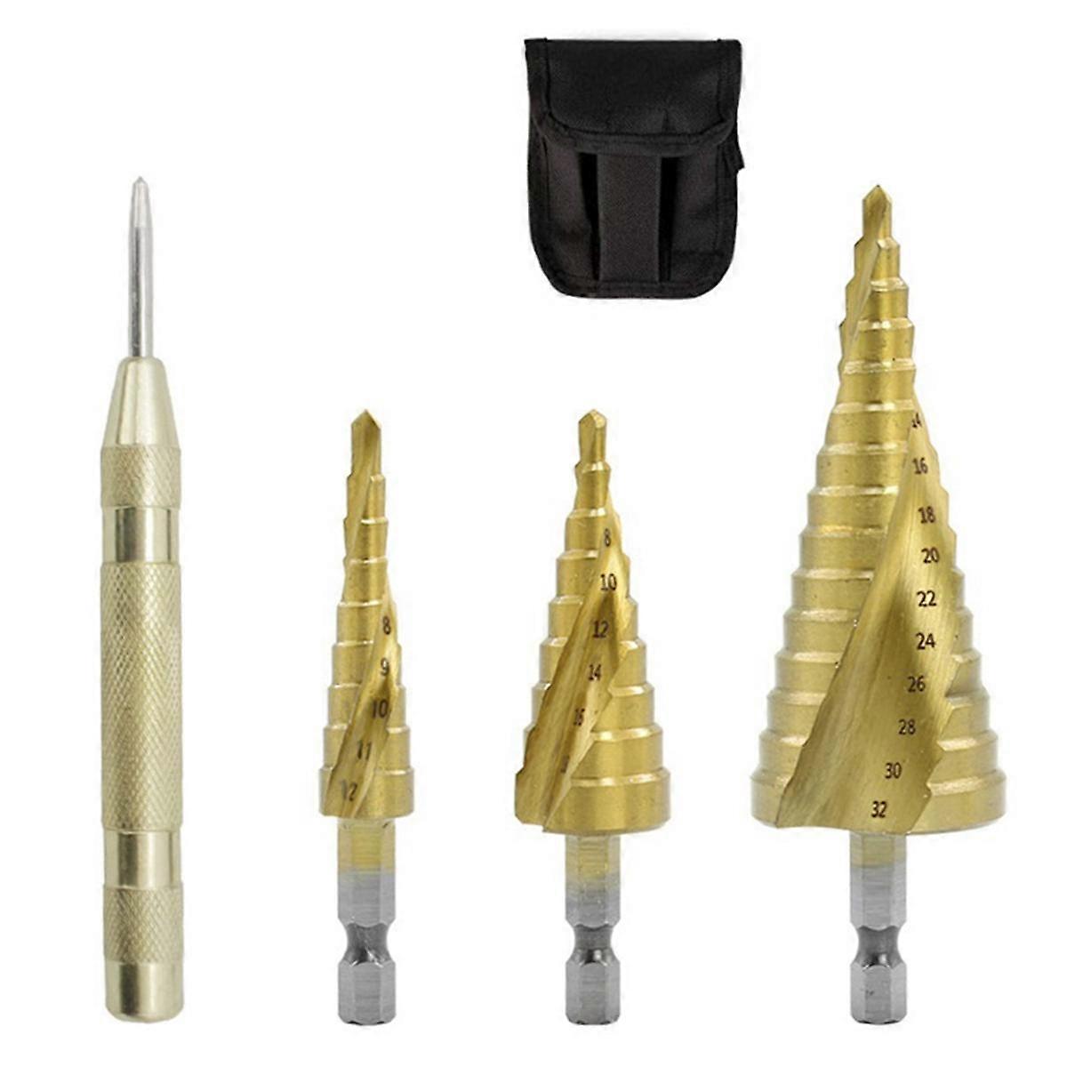 Spiral Stepped Drill Hexagon Handle 4PC Hexagon Stepped Drill Punching Suit is Suitable for Plastic