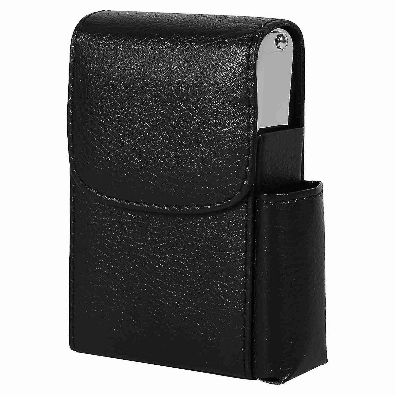 Convenient and Stylish Black PU Leather Cigarette Case with Lighter Holder