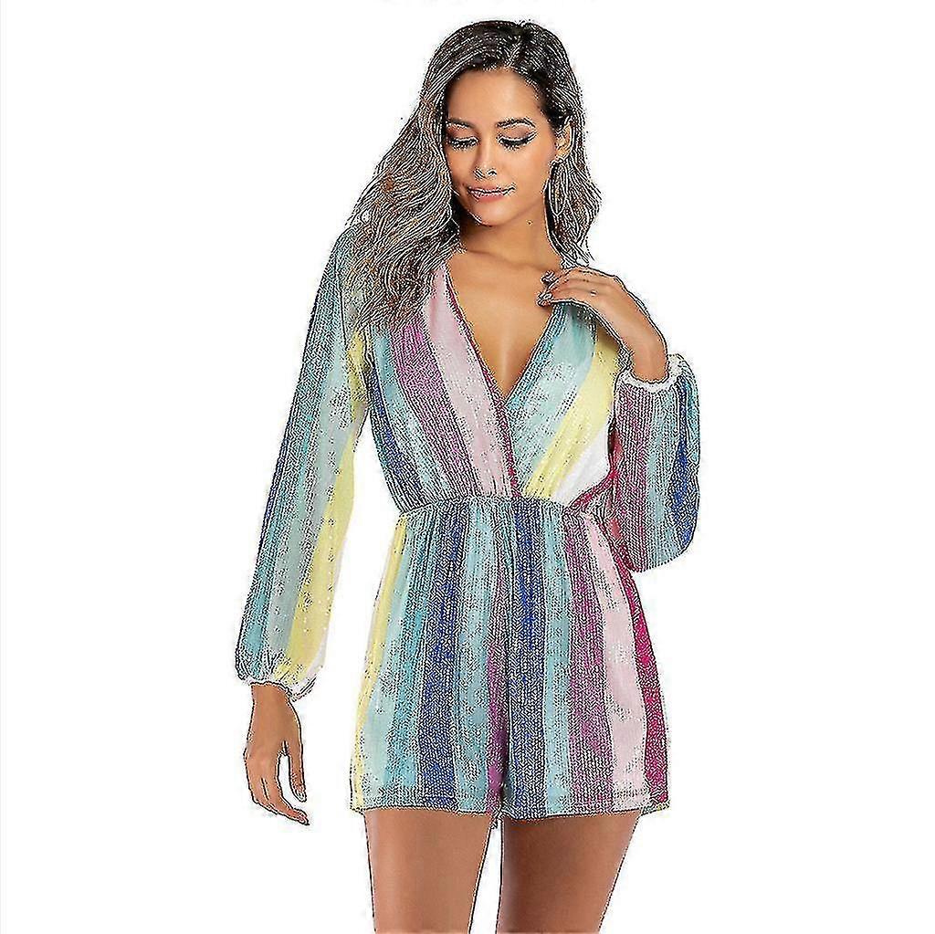 Femmes V Neck Lantern Sleeve Multicolore Rayé Sequin Short Rompers Jumpsuits-AM