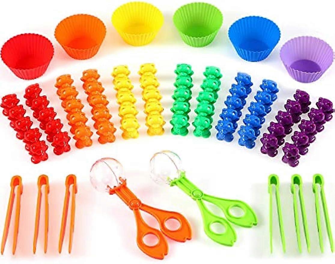 74 Pieces Counting Sorting Bears Fine Motor Skills Handy Scoopers Set Includes 60 Cute Rainbow Sorting Bears, 6 Jumbo Tweezers, 2 Scissors Clips and 6