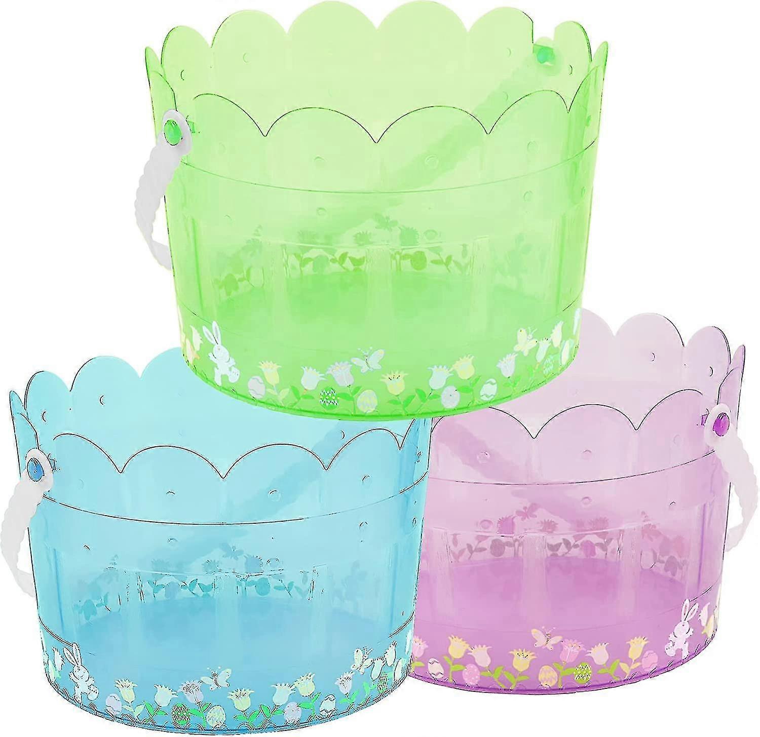 Easter Buckets For Egg Hunt, Set Of 3 Clear Plastic Kids Easter Baskets With Handles, Empty Plastic Easter Pails For Easter Party Favors, Green, Blue