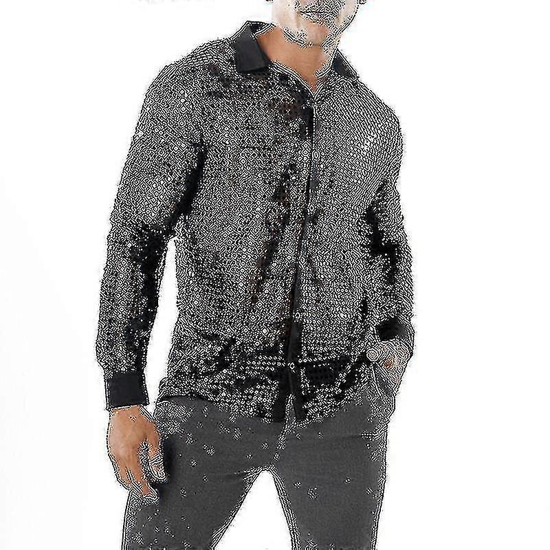 Men's Shiny Sequined Mesh Top, 60s 70s Disco Dance Shirt
