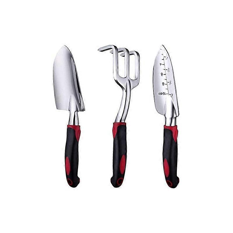 Red-Garden Tool Set, 3-Piece Aluminum Gardening Tools with Trowel, Transplanter and Hand Rake, Comfortable Soft Non-Slip Ergonomic Handle (Cherry Red)