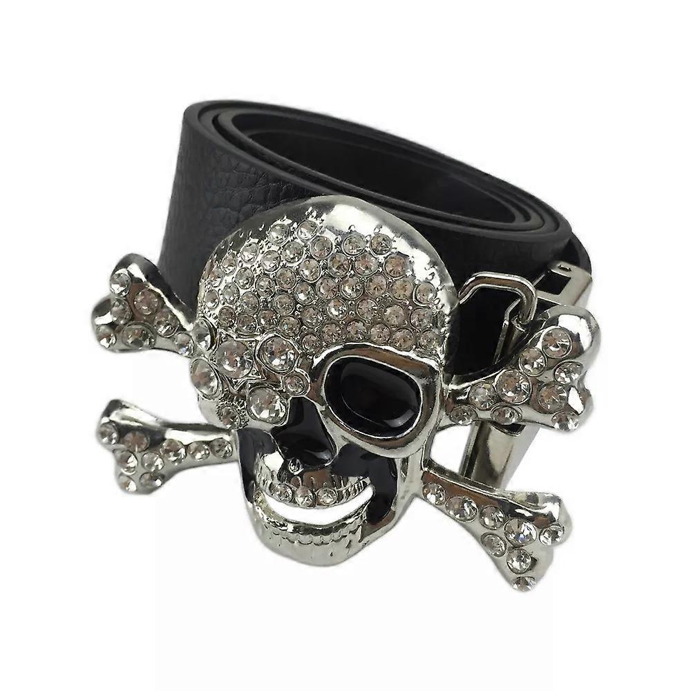 Bullzine zinc alloy rhinestone skull belt buckle silver finishm width loop PU belt connecting clasp