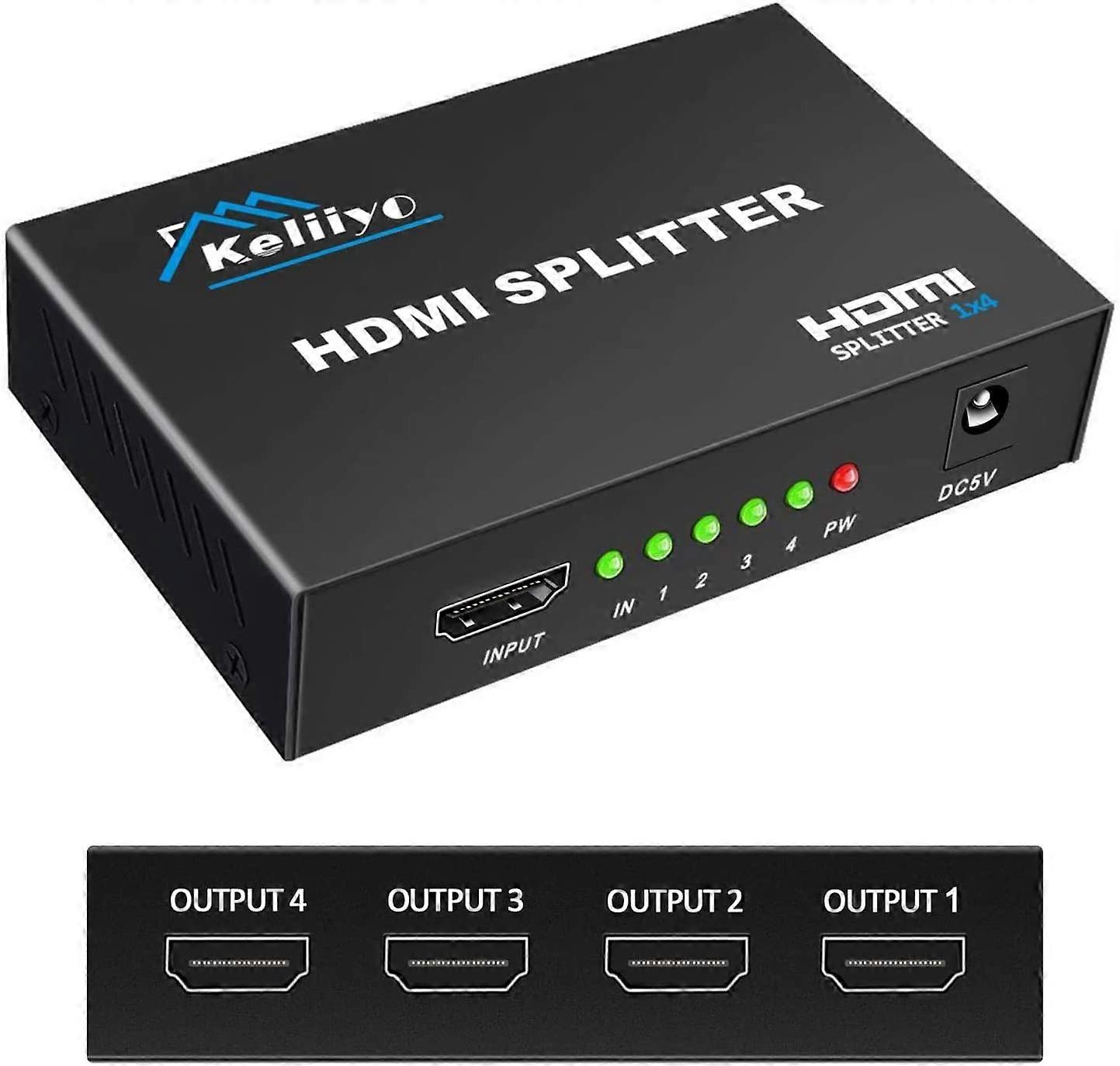 BlackKELIIYO HDMI Splitter 1X4 - V1.4b HDMI Splitter 1 في 4 مخرج مدعوم بمحول تيار متردد ، يدعم 3D Full HD1080P 2Kx4K@30Hz متوافق مع Xbox PS3 PS4