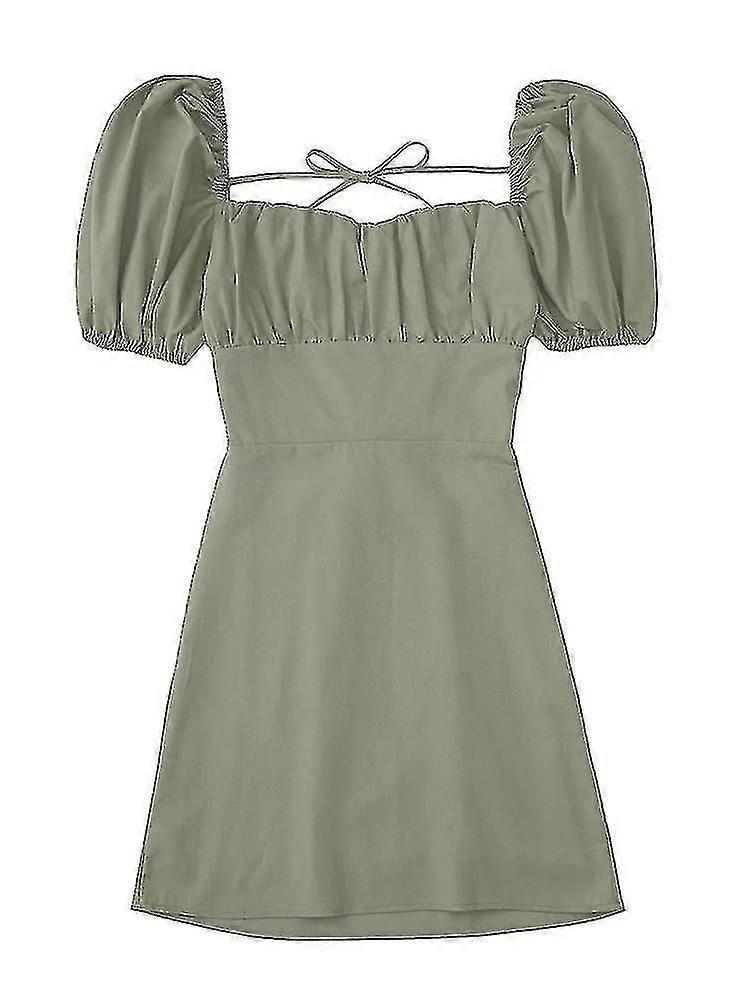 Kadın Beyaz Moda Keten Karışım Elbise Kadın Kare Boyun Kısa Puf Kollu Sırtsız Crossover Kayışlar Kadın İçin Elbise