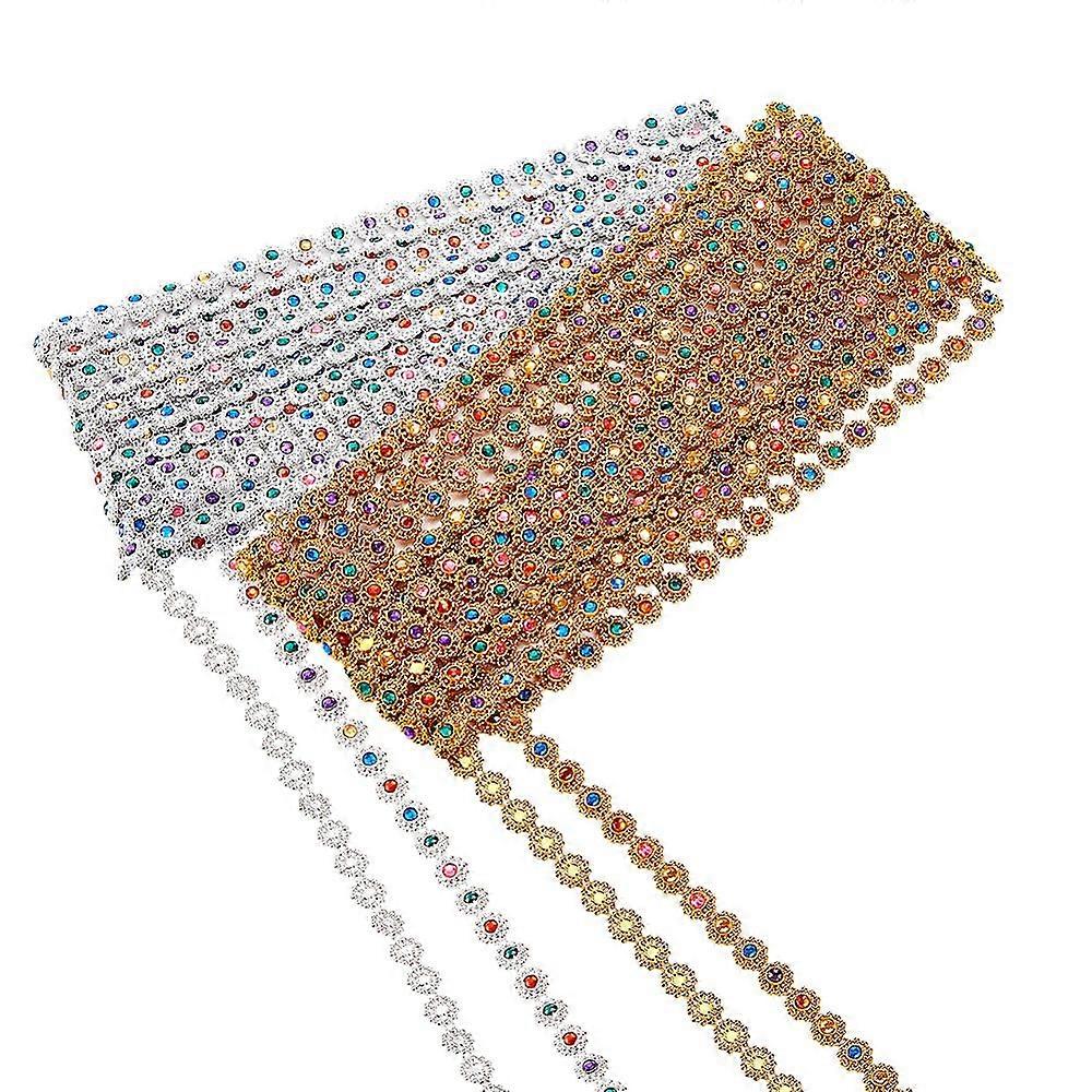 2 Cards 2 Colors Plastic Beaded Trim Garland Strand with Colorful Acrylic Rhinestone for Decorating Garment Accessories Flower Mixed Color 3/8x1/8 inc
