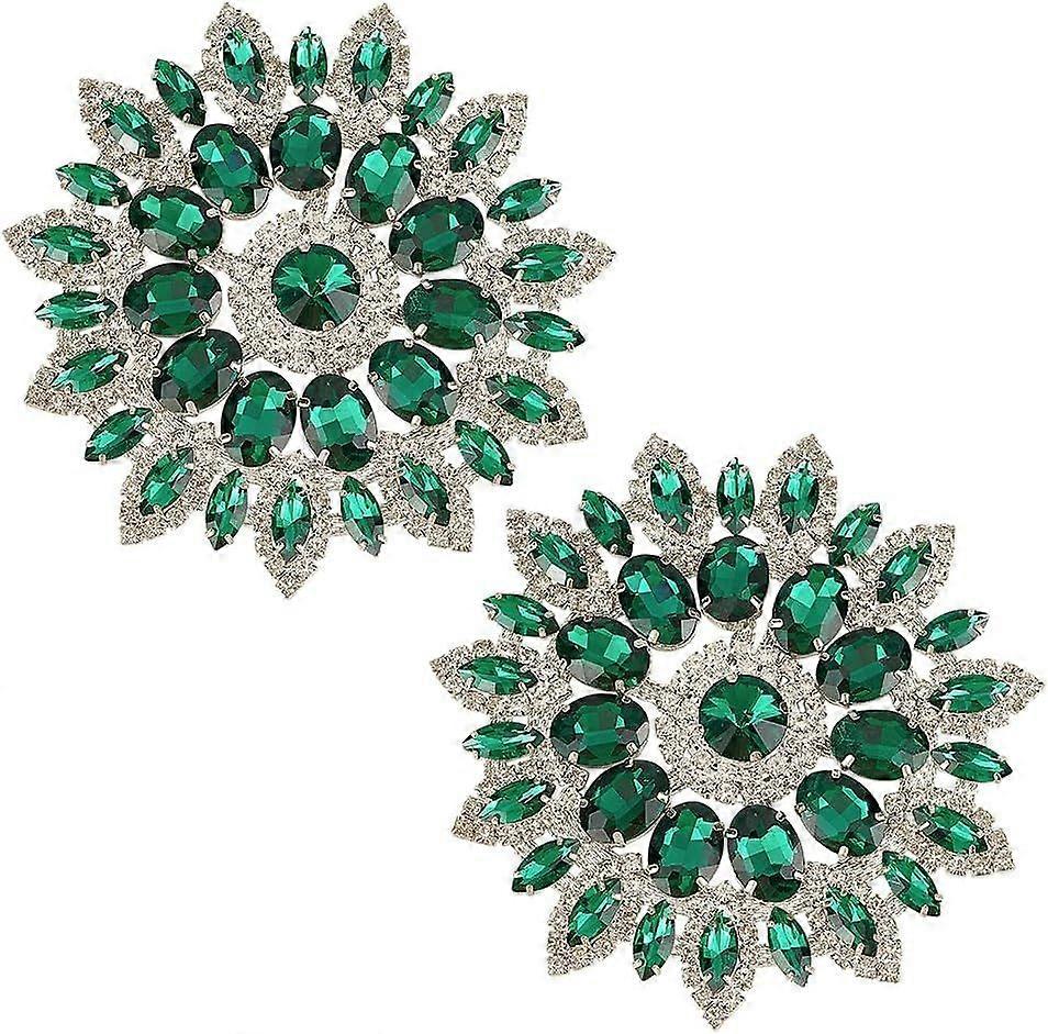 2 PCS Flower-Shaped Rhinestone Applique 4.4inch Sea Green Flatback Rhinestones Beaded Patch Crystal Embellishments Sew on Clothing Applique for Bridal