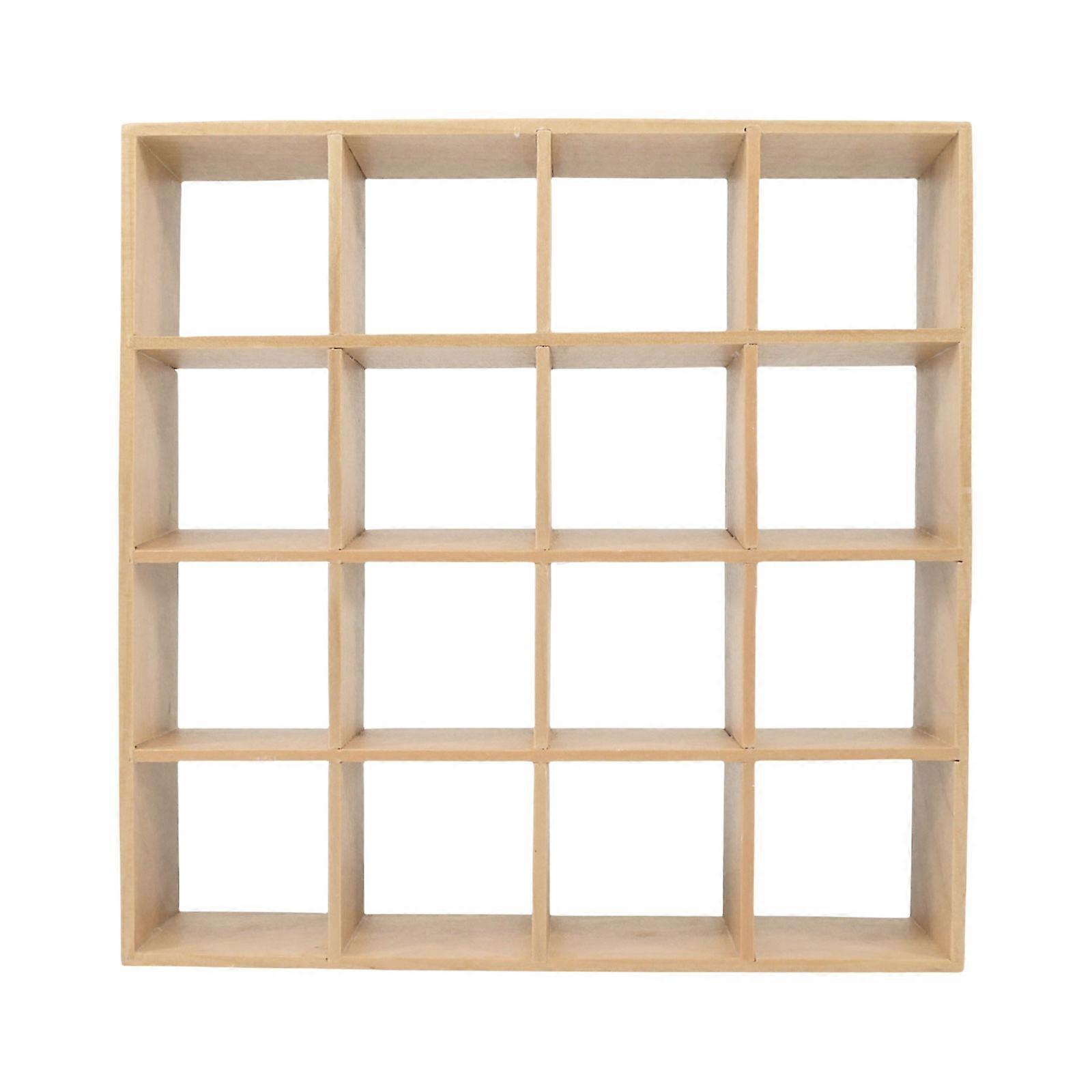 Practical Sturdy Wood 16 Compartment Display Shelf Portable Accessory for Miniature Dollhouses Furniture Organization Plain wood