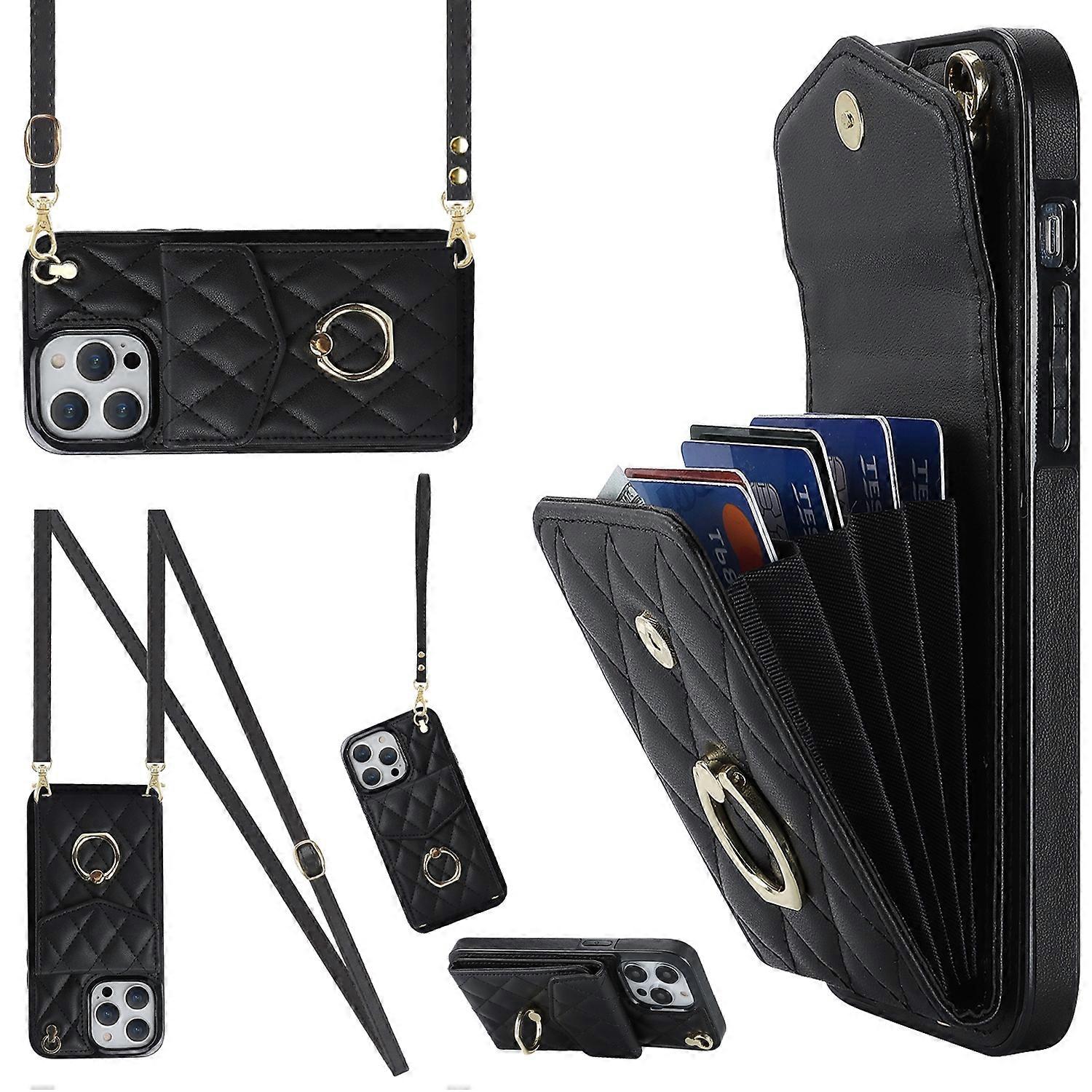Rhombic Texture Card Bag Phone Case with Long Lanyard