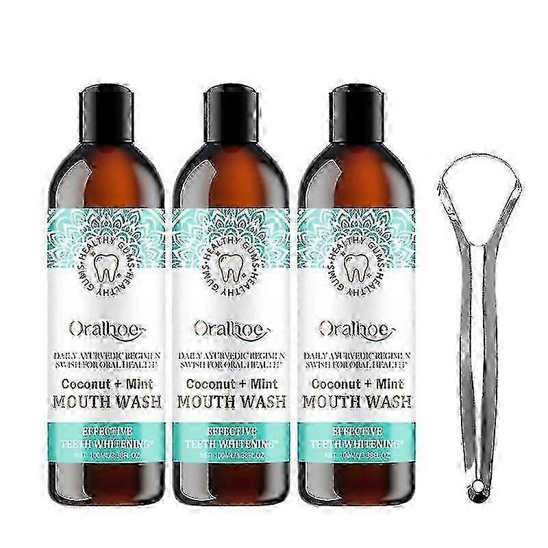 スクレーパー付きココナッツオイル3個、オイルマウスウォッシュ、息用ペパーミントオイル、歯