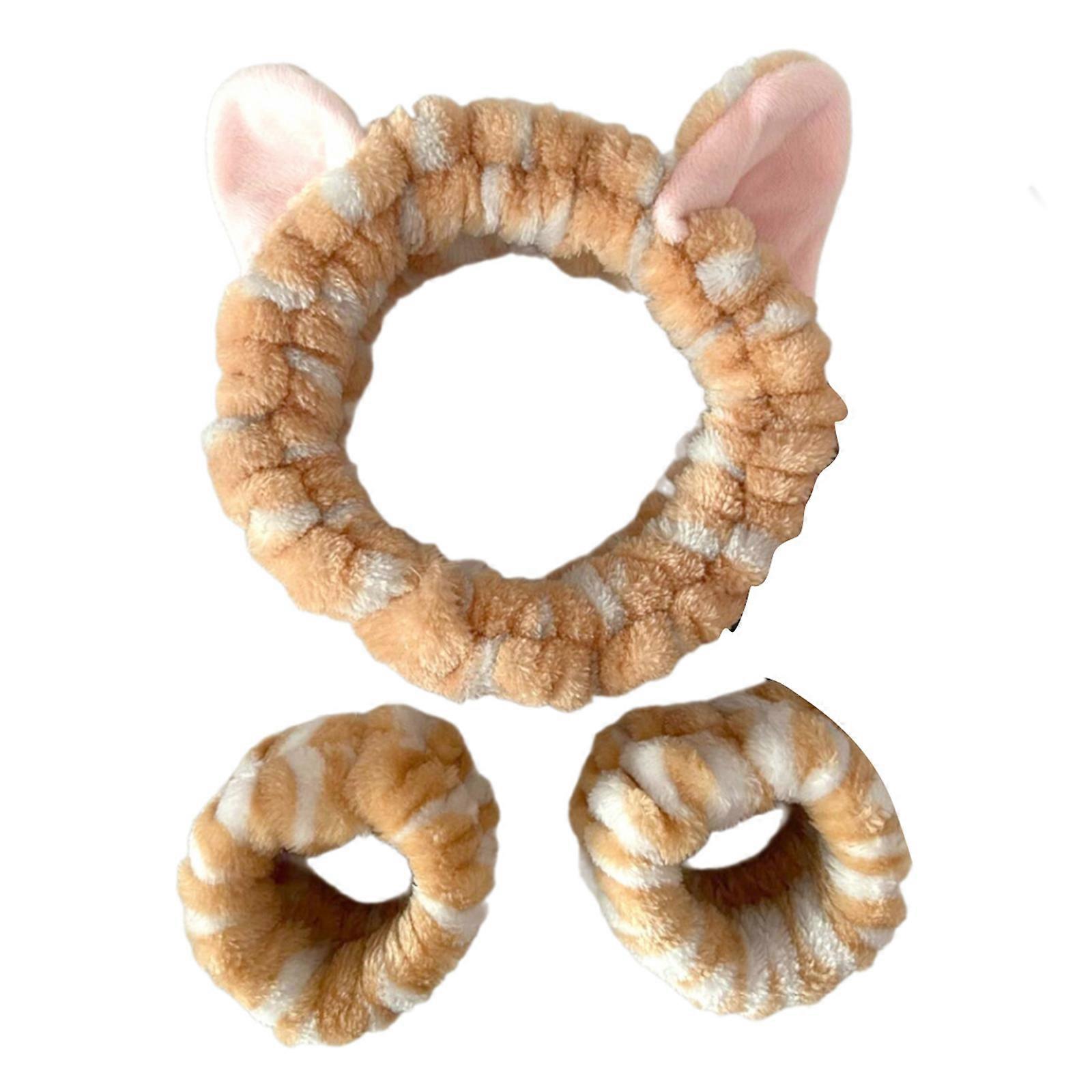 Soft Comfortable Kitten Ear Headband Set For Makeup And Cleansing Leopard Pattern Absorbent Wristbands yellow and white