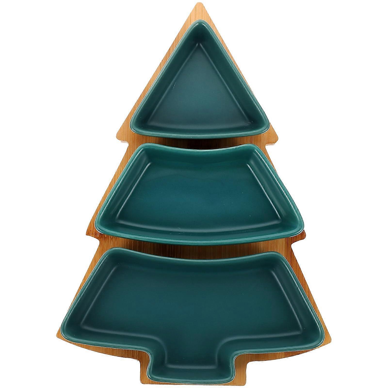 Christmas Tree Plates Set, Green Ceramic Serving Tray for Candy, Fruit, and Desserts, Appetizer Platter with Base