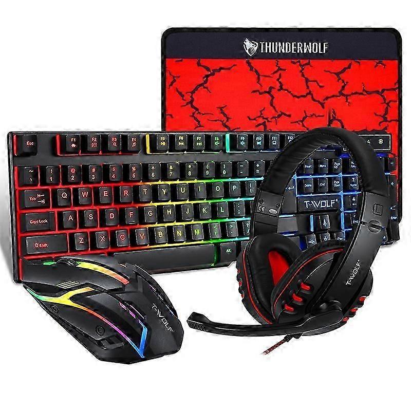 T-WOLF TF800 Gaming Keyboard+Mouse+Gaming Headset+Mouse Pad Combo LED Backlit Wired Gamer Bundle
