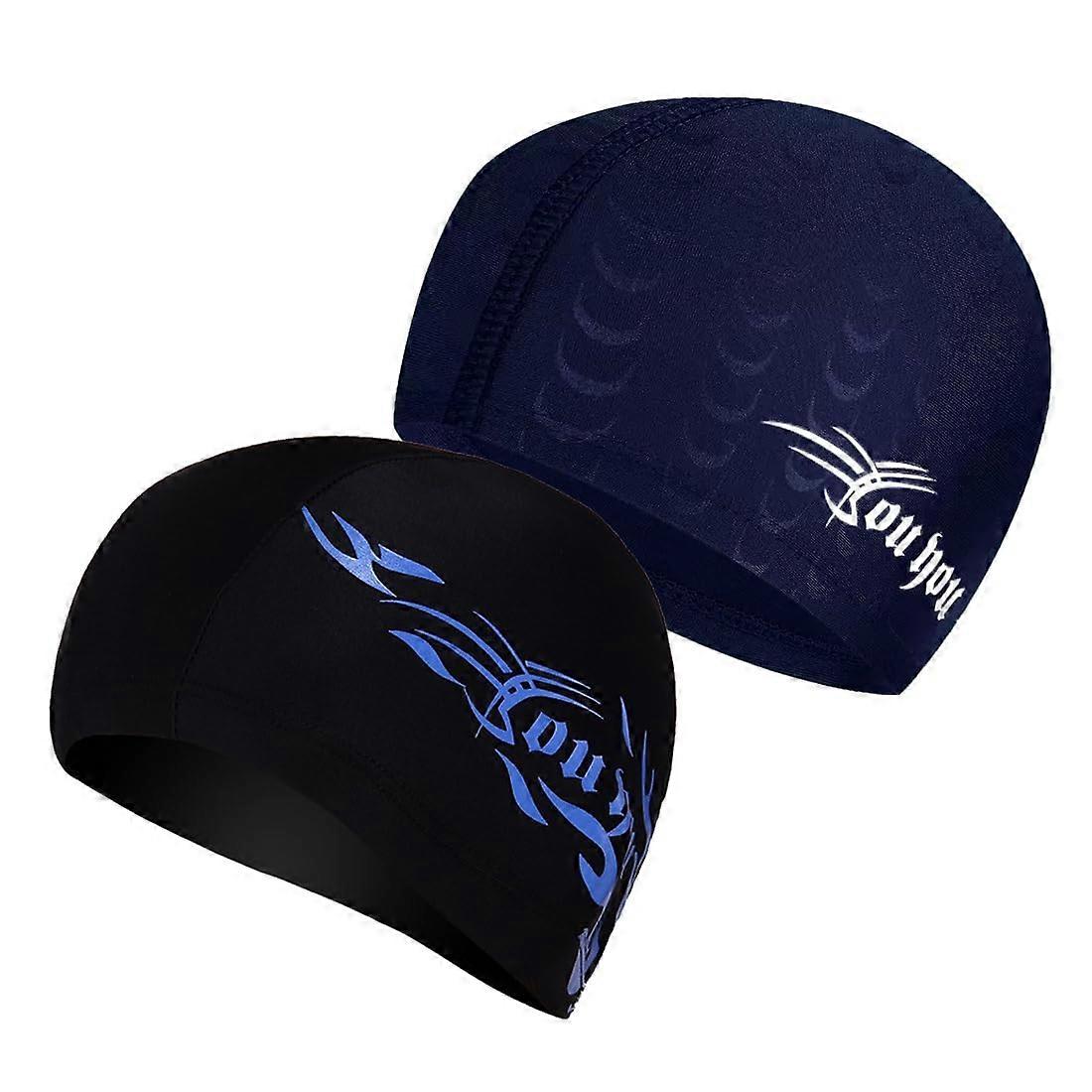 Pack of 2 Men's Swimming Caps, Elastic Comfortable Fabric, Unisex, Ear Protection (Black/Blue)