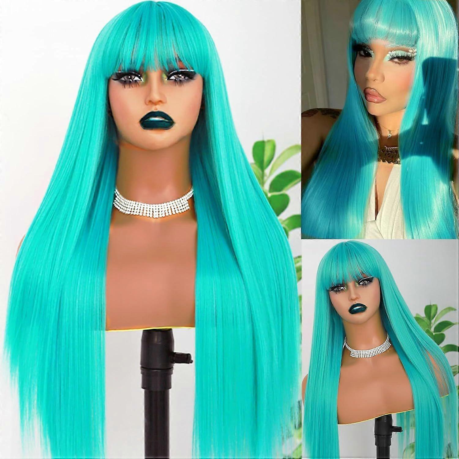 2025 Latest Model Lake Green Wig With Bangs - Straight Synthetic Cosplay Light