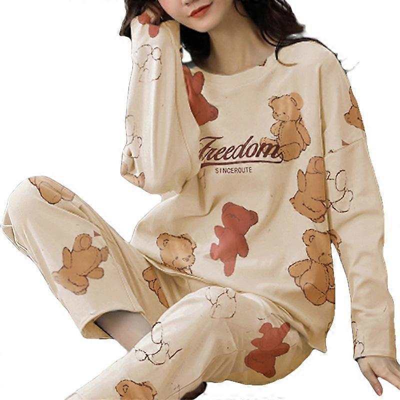 1Set Large Size Loose Comfortable Women's Simple Cartoon Pajamas Long Sleeve Trousers Set Homewear