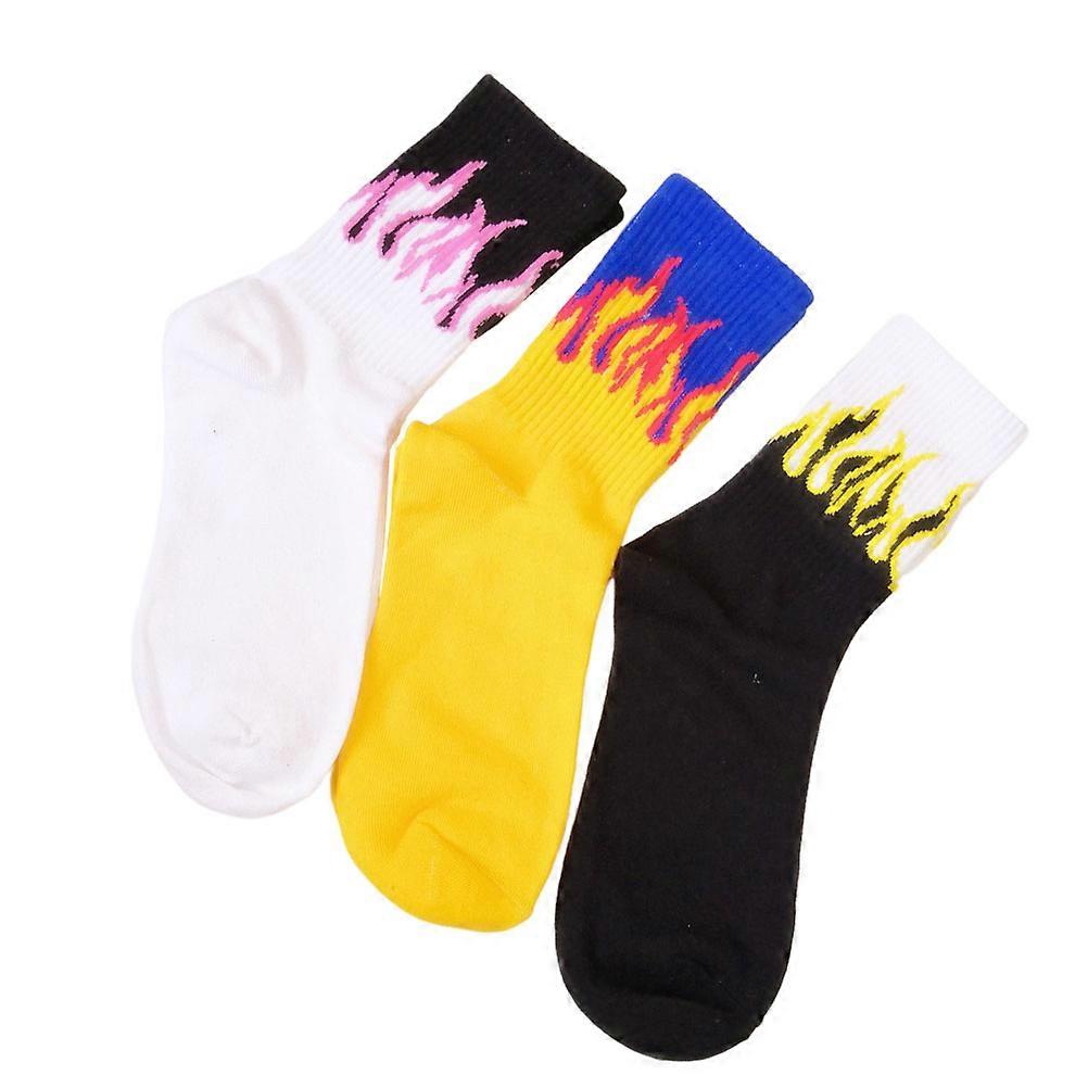 لهب نمط الجوارب القطنية جوارب أزياء تنفس جوارب متوسطة الأنبوب الجوارب الملابس التبعي أسود أبيض أصفر 3 أزواج